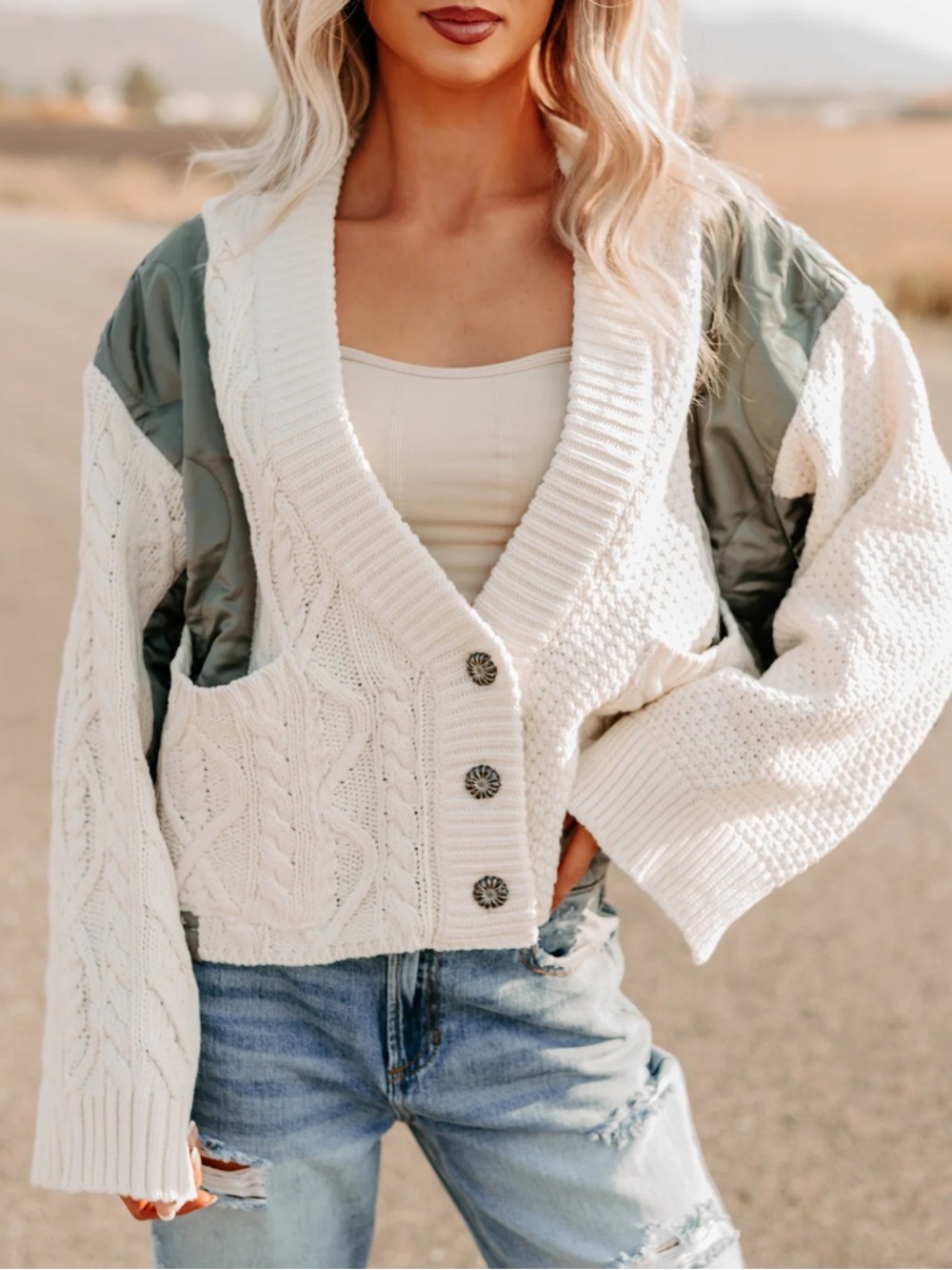 NWOT POL Latte Layers Quilted Cable Knit Cardigan